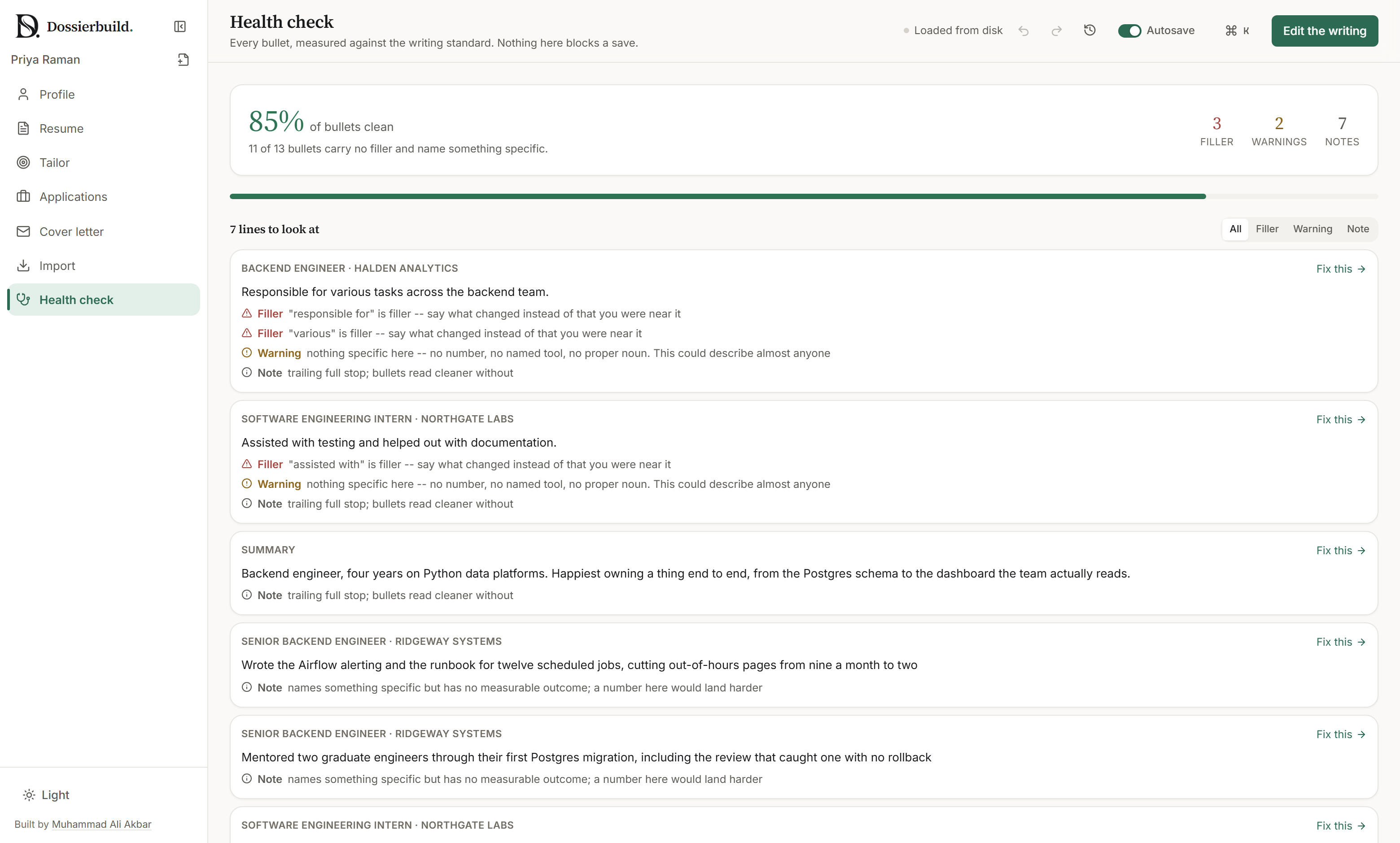 The Review screen: the document with each line scored against the writing standard