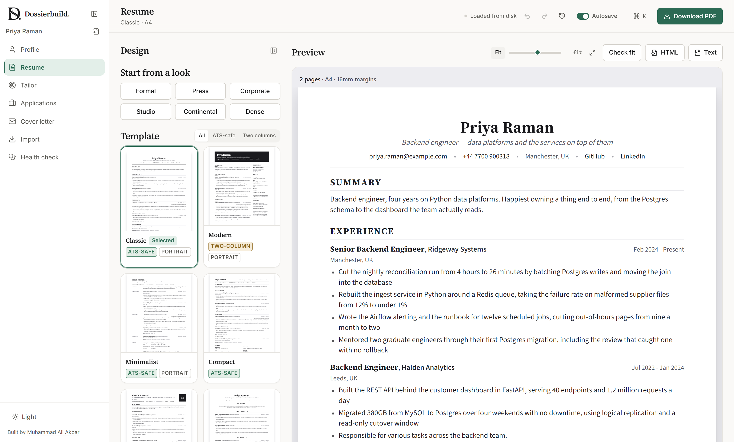 The Resume screen: a template picker beside a live preview of the printed document