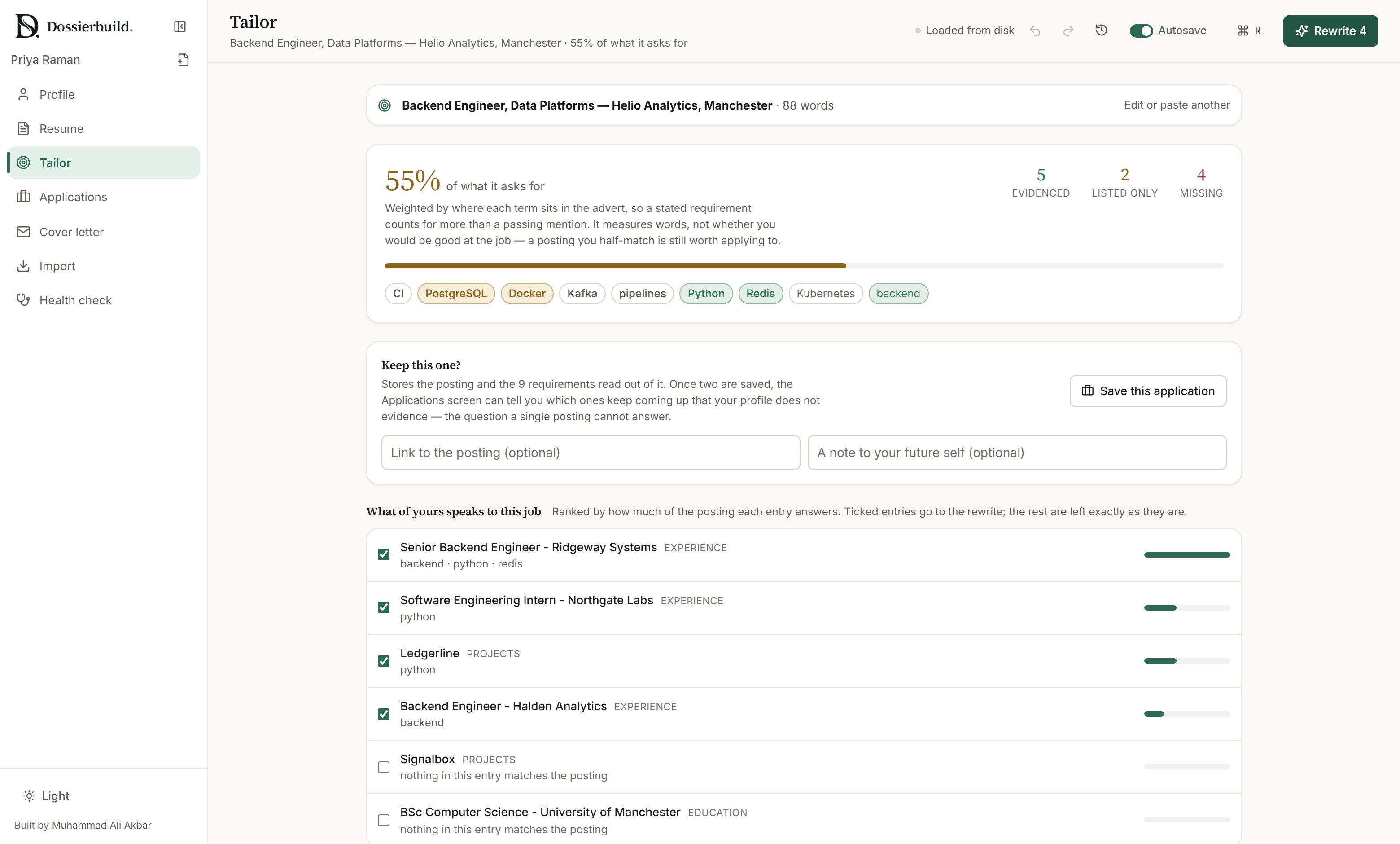 The Tailor screen: a job posting read into weighted requirements and scored against the profile